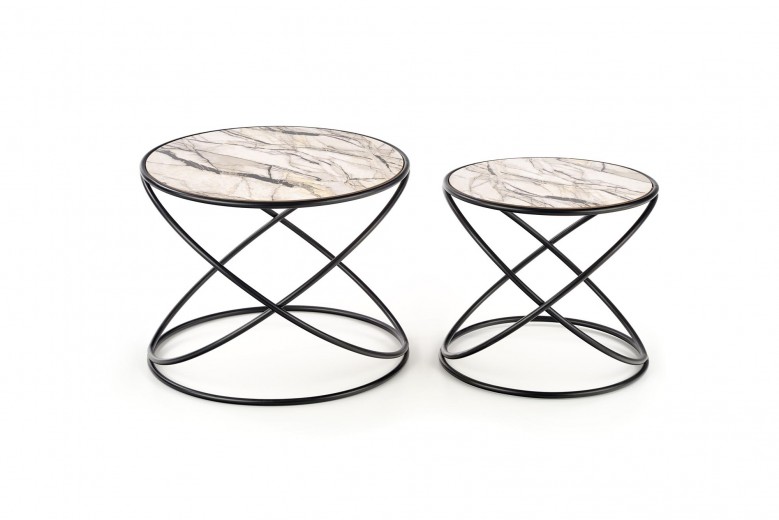 Set 2 mese de cafea din MDF si metal, Sunderlin Alb / Negru, Ø50xH39 / Ø40xH35 cm