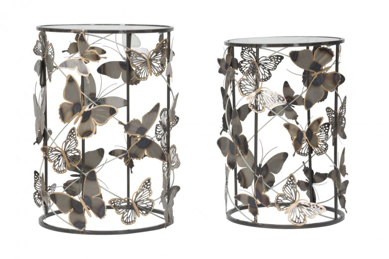Set 2 mese de cafea din metal si sticla, Farfalle Multicolor, Ø41,3xH55 cm / Ø35xH50,3 cm