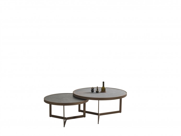 Set 2 mese de cafea din pal, MDF si metal, Mercedes Negru / Bronz, Ø90xH42 / Ø80xH37 cm
