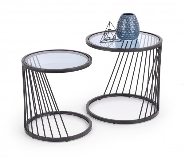 Set 2 mese de cafea din sticla si metal Antiope Negru, Ø50xH50 / Ø42xH45 cm