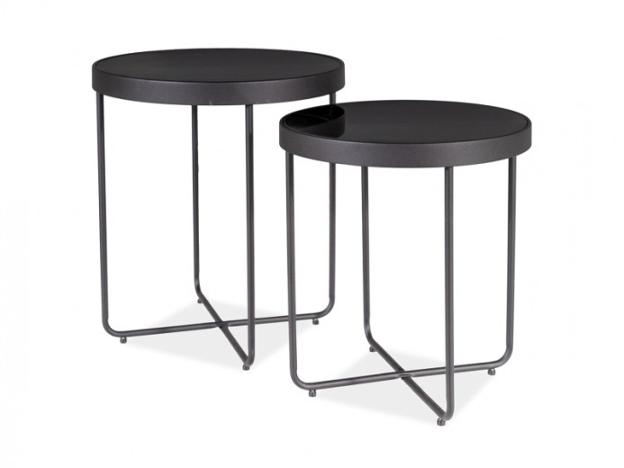 Set 2 mese de cafea din sticla si metal Athia Negru, Ø45xH50 cm / Ø40xH44 cm