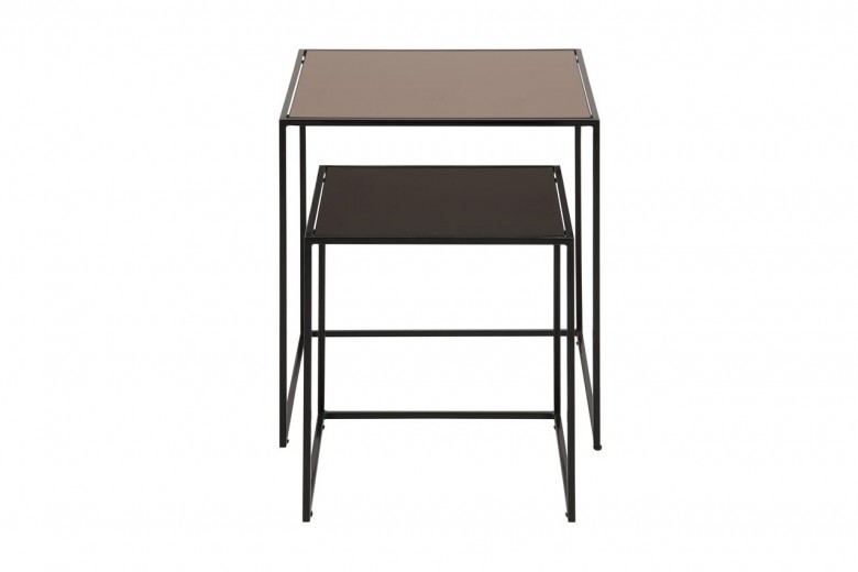 Set 2 mese de cafea din sticla si metal Bolton Maro / Negru, L45xl45xh50 cm / L35xl35xH40 cm