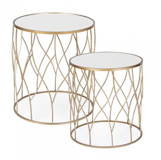 Set 2 mese de cafea din sticla si metal Elenor Medium Round  Auriu, Ø48xH51 cm / Ø43xH46 cm