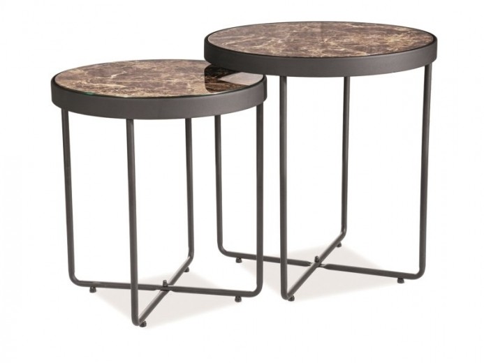 Set 2 mese de cafea din sticla si metal Marenda Marmura / Negru, Ø44xH49 cm / Ø40xH43 cm