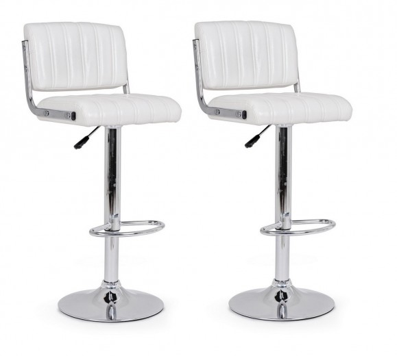 Set 2 scaune de bar tapitate cu piele ecologica si picior metalic Barclay Alb / Crom, l46xA51,5xH88,5-109,5 cm