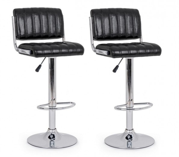 Set 2 scaune de bar tapitate cu piele ecologica si picior metalic Barclay Negru / Crom, l46xA51,5xH88,5-109,5 cm