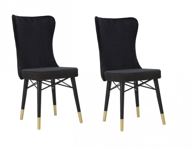 Set 2 scaune tapitate cu stofa si picioare din lemn, Mimoza Velvet Negru / Auriu, l40xA65xH99 cm