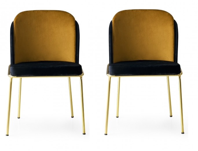 Set 2 scaune tapitate cu stofa si picioare metalice, Dore 102 Velvet Negru / Mustariu / Auriu, l54xA55xH86 cm