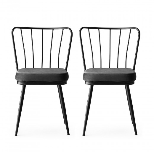 Set 2 scaune tapitate cu stofa si picioare metalice, Yildiz 189 Velvet Gri inchis / Negru, l43xA42xH82 cm