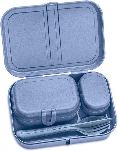 Set 3 cutii pentru pranz si tacamuri, 100% Reciclabil, Pascal Ready Organic Bleu, L23,2xl16,6xH6,2 cm