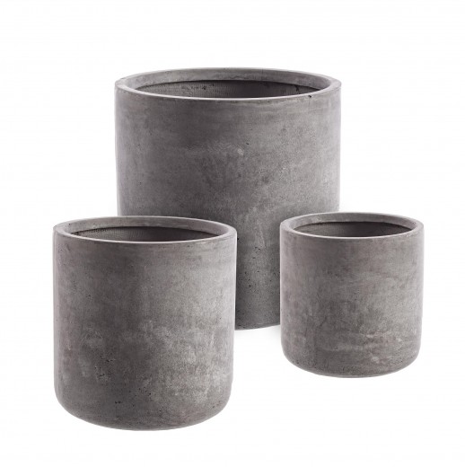 Set 3 ghivece din fibra de sticla si argila, Cement Cyl Gri, Ø51xH49 / Ø42xH41 / Ø34xH32 cm