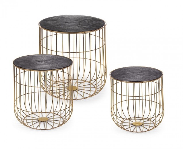 Set 3 mese de cafea, cu spatiu de depozitare, din metal Mariam Grafit / Auriu, Ø46xH50 cm / Ø43xH46 cm / Ø38xH40 cm