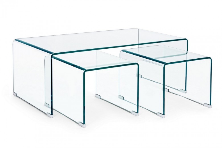 Set 3 mese de cafea din sticla, Iride Rectangular Transparent, L110xl60xH41 cm / L40xl50xH35 cm