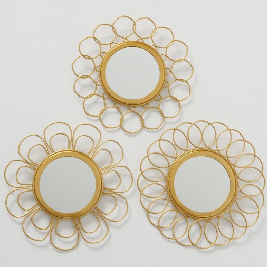 Set 3 oglinzi decorative cu rama metalica Antaria Auriu, Ø24 cm