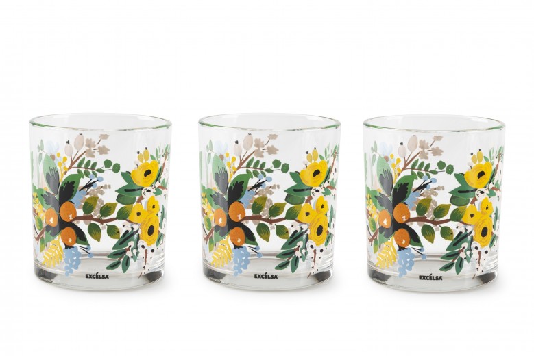 Set 3 pahare pentru apa, din sticla, 250 ml, Ø7,4xH8,2 cm, Fiori Frida Multicolor