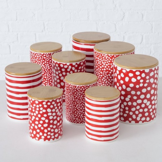 Set 3 recipiente din ceramica pentru depozitare Finno Rosu / Alb, Modele Asortate, Ø14xH19 cm / Ø12xH16 cm / Ø10xH14 cm