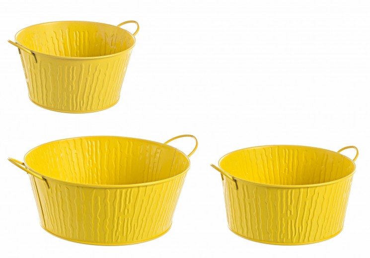 Set 3 suporturi ghivece din metal, Bark Round Galben, Ø26xH13 / Ø22xH12 / Ø20xH11 cm