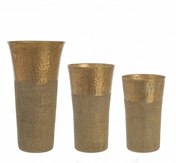Set 3 vaze decorative din aluminiu, Hammel Shaped Low Auriu, Ø16,5xH34 / Ø15xH28 / Ø14xH24 cm