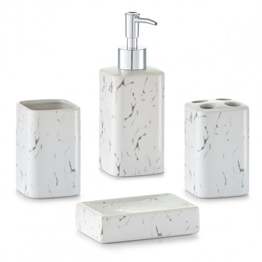 Set 4 accesorii pentru baie din ceramica, Marble-Optics White