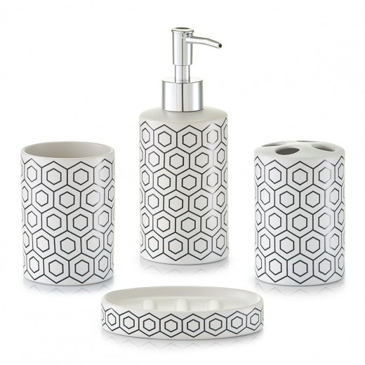 Set 4 accesorii pentru baie din ceramica, White / Black