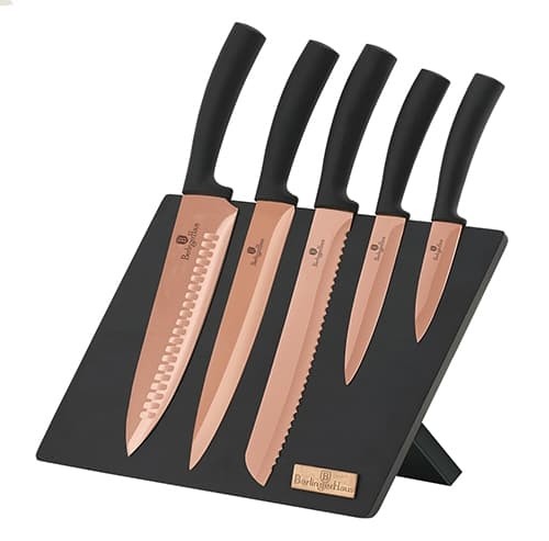 Set 5 cutite otel inoxidabil si invelis din titan, cu suport magnetic, Metallic Line Rose Gold