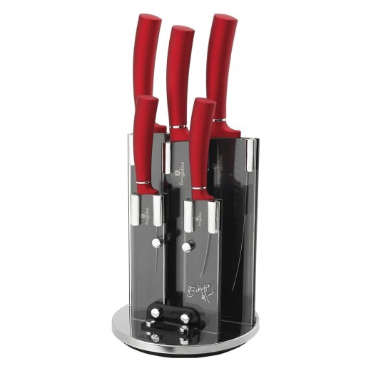 Set 5 cutite otel inoxidabil si invelis din titan, cu suport, Metallic Line Burgundy