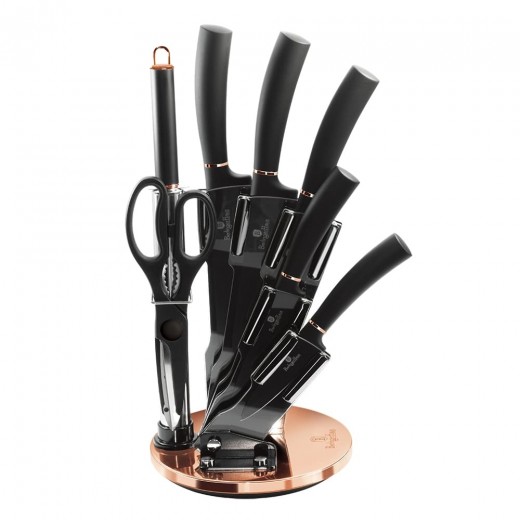 Set 5 cutite otel inoxidabil si invelis din titan, cu suport si accesorii, Black Rose