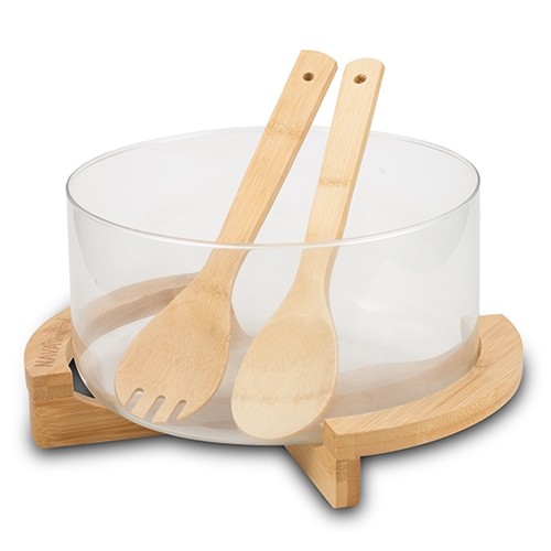 Set bol cu suport si 2 ustensile pentru salata Terrestrial Natural