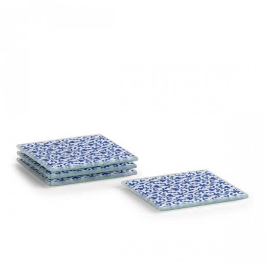 Set coastere din sticla, Morocco Square Albastru, 4 piese, L10xl10 cm