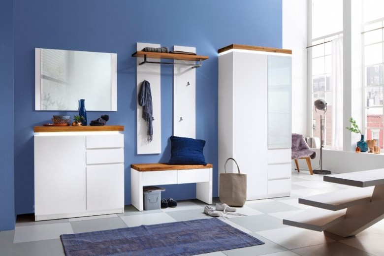 Set de mobila hol din MDF, cu LED inclus, 5 piese, Romina Alb / Stejar