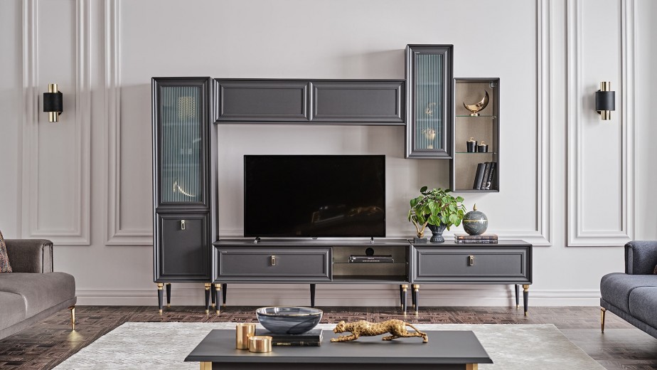 Set de mobila living din pal, 6 piese, Lorenta Antracit / Auriu