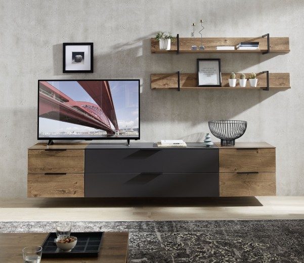Set de mobila living din pal si MDF, 5 piese Madeline Large Havel Oak Cognac / Grafit