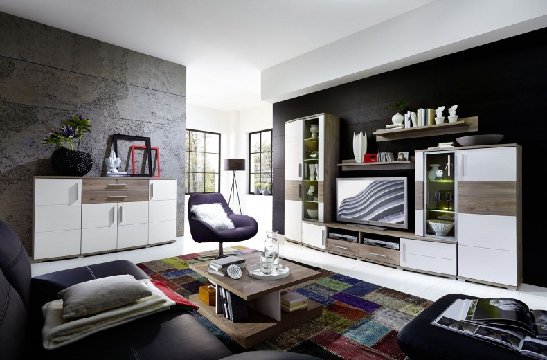 Set de mobila living din pal si MDF, 6 piese Jenise I Alb / Stejar