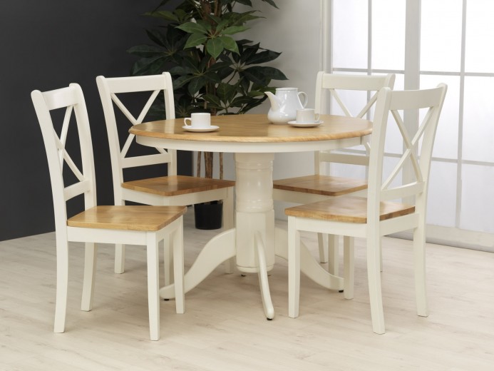 Set masa din lemn de cauciuc + 4 scaune Calais Ivory, Ø106xh74,2 cm