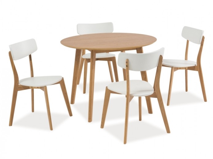 Set masa rotunda din MDF, furnir si lemn Mosley II Stejar + 4 scaune din lemn si MDF Mosley II Alb / Stejar, Ø100xH75 cm