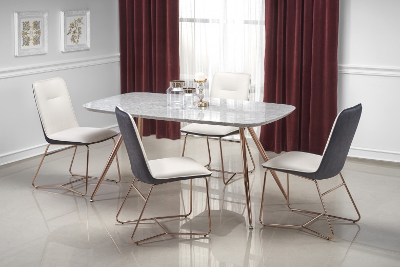 Set masa din MDF, furnir si metal Bardia Gri / Auriu + 4 scaune tapitate cu piele ecologica Kai-390 Crem / Gri inchis / Auriu, L160xl90xH77 cm