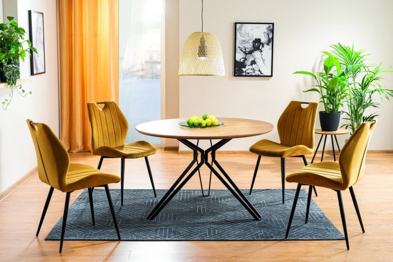 Set masa rotunda din MDF, furnir si metal, Colson Stejar / Negru + 4 Scaune tapitate cu stofa si picioare metalice, Arben Velvet Mustariu / Negru, Ø120xH76 cm