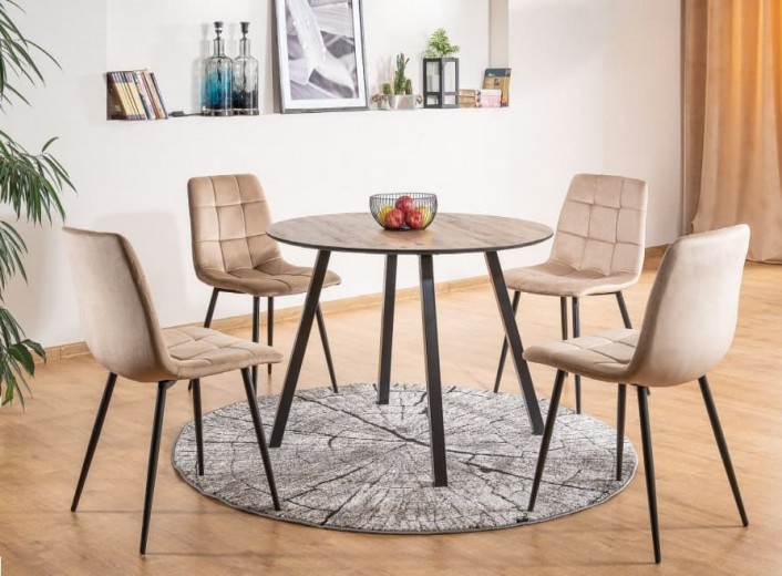 Set masa rotunda din MDF, furnir si metal, Octavio Nuc / Negru + 4 Scaune tapitate cu stofa si picioare metalice, Miley Velvet Bej / Negru, Ø100xH75 cm