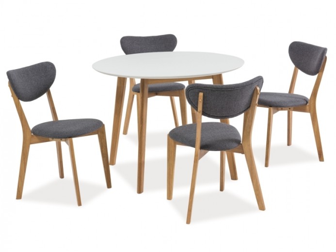 Set masa rotunda din MDF si lemn Mosley II Alb / Stejar + 4 scaune tapitate cu stofa Anders Gri / Stejar, Ø100xH75 cm