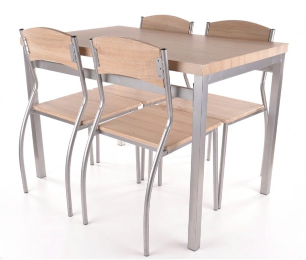 Set masa din MDF si metal + 4 scaune Asim Stejar Sonoma / Crom, L110xl70xH76 cm