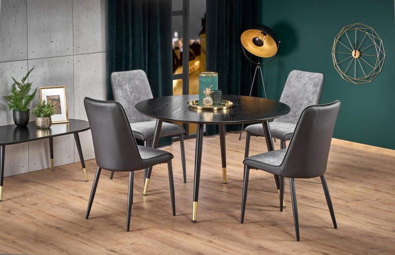 Set masa rotunda din MDF si metal Ember Negru / Auriu + 4 scaune tapitate cu stofa si piele ecologica Kai-368 Gri inchis / Negru, Ø120xH75 cm