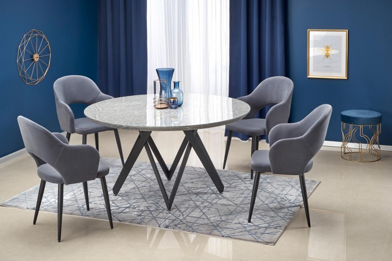 Set masa rotunda din MDF si metal Gustasima Gri / Negru + 4 scaune tapitate cu stofa Kai-364 Gri / Negru, Ø140xH77 cm