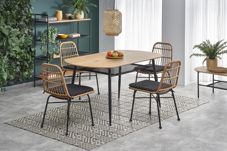 Set masa din MDF si metal, Jackie Stejar Auriu / Negru + 4 Scaune din ratan sintetic cu picioare metalice Kai-401 Natural / Negru, L160xl90xH77 cm
