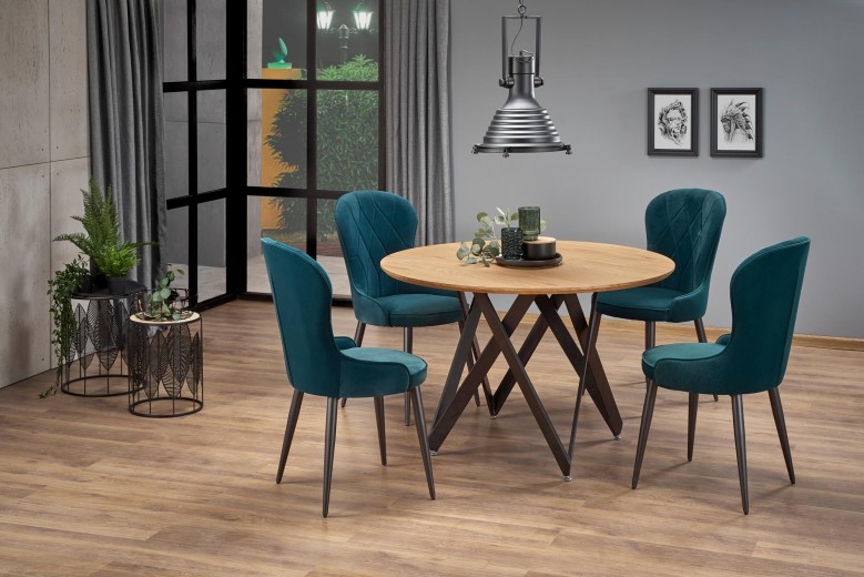 Set masa rotunda din MDF si metal, Mozare Stejar Auriu / Negru + 4 Scaune tapitate cu stofa si picioare metalice Kai-366 Velvet Verde inchis / Negru, Ø120xH75 cm