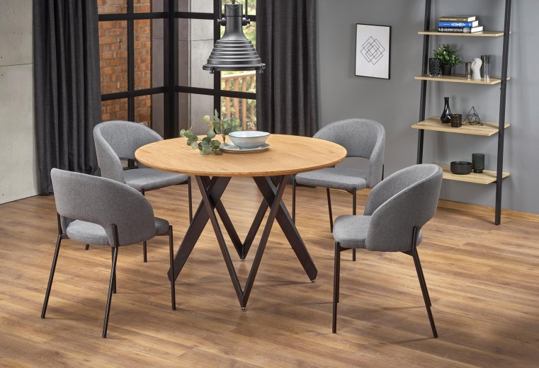 Set masa rotunda din MDF si metal, Mozare Stejar Auriu / Negru + 4 Scaune tapitate cu stofa si picioare metalice, Kai-373 Gri / Negru, Ø120xH75 cm