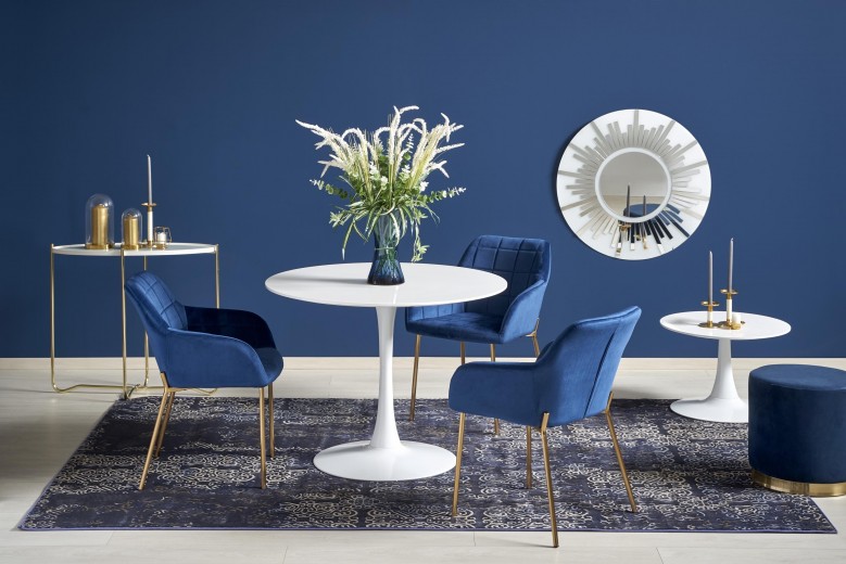 Set masa rotunda din MDF si metal Silmaris Alb + 3 scaune tapitate cu stofa Kai-306 Albastru inchis / Auriu, Ø100xH75 cm