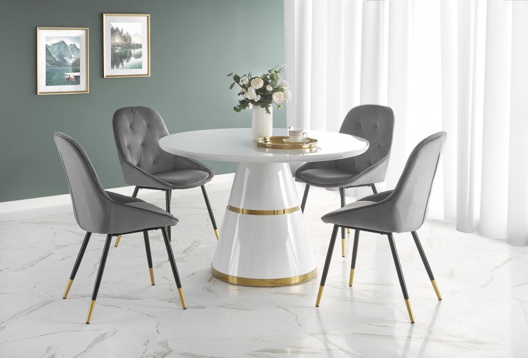 Set masa rotunda din MDF si metal, Veena Alb / Auriu + 4 Scaune tapitate cu stofa si picioare metalice, Kai-437 Velvet Gri / Negru / Auriu, Ø120xH76 cm