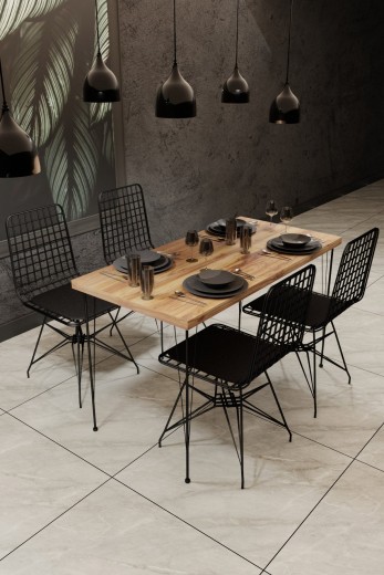 Set masa din pal si metal, Nomsymk 001 Stejar / Negru + 4 Scaune din metal, Nomsymk 001 Negru, L120xl60xH75 cm
