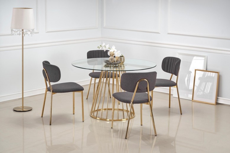 Set masa rotunda din sticla si metal Livy Transparent / Auriu + 4 scaune tapitate cu stofa Kai-362 Gri / Auriu, Ø120xH75 cm