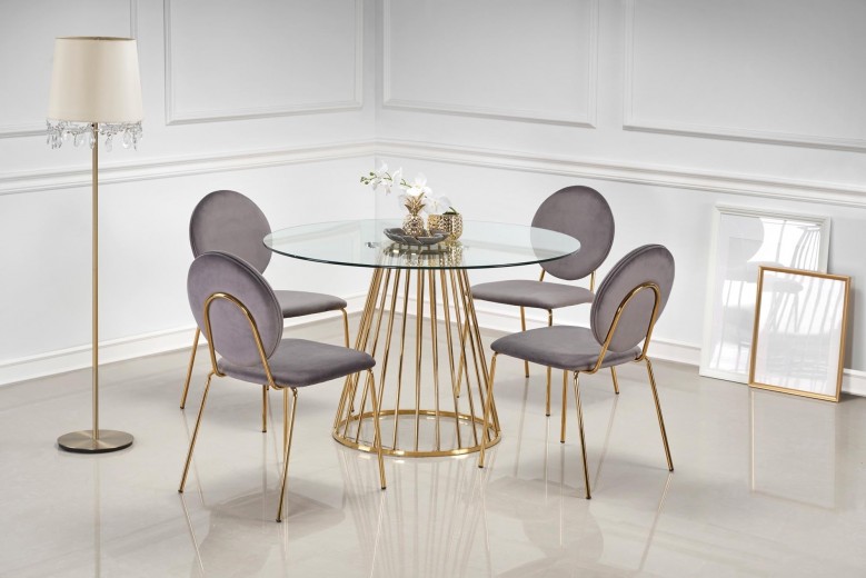 Set masa rotunda din sticla si metal Livy Transparent / Auriu + 4 scaune tapitate cu stofa Kai-363 Gri / Auriu, Ø120xH75 cm
